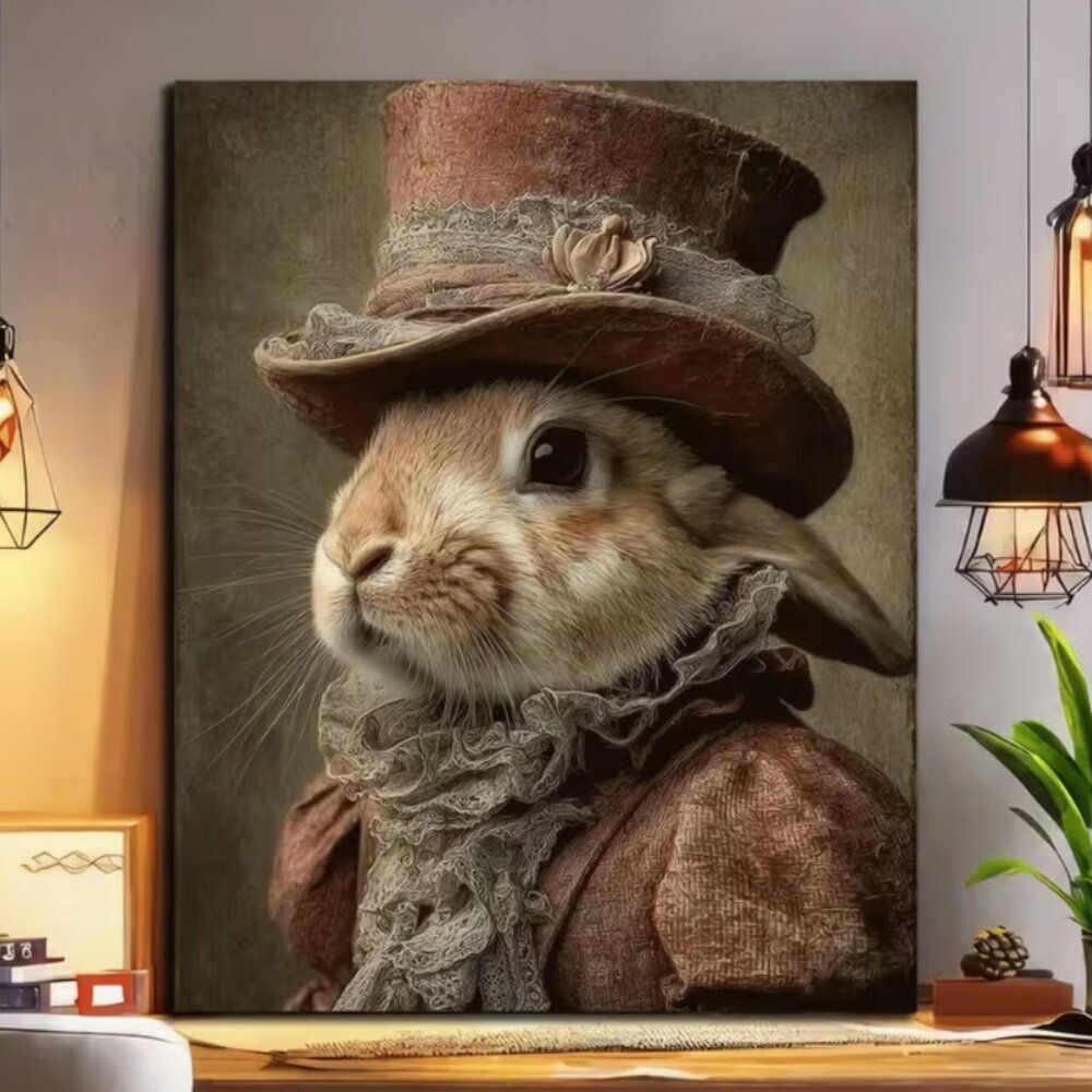 Canvas Frameless Art Victorian Rabbit Dressed in Top Hat & Vintage Costume 24x36